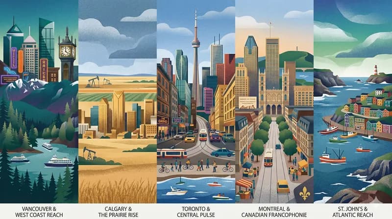 Illustrated summer skyline of Canadian cities including Toronto and Vancouver