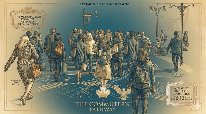 Illustrated crowd of people walking through a metropolitan pathway