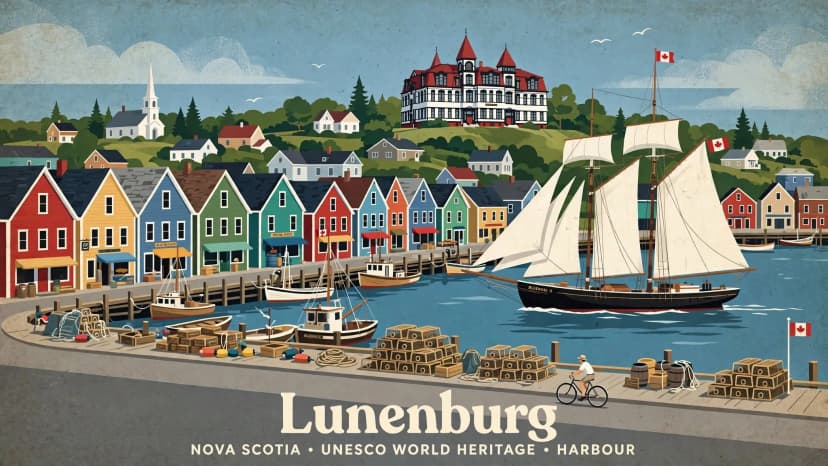 Vintage travel poster of Lunenburg harbour, Nova Scotia with colourful wooden buildings