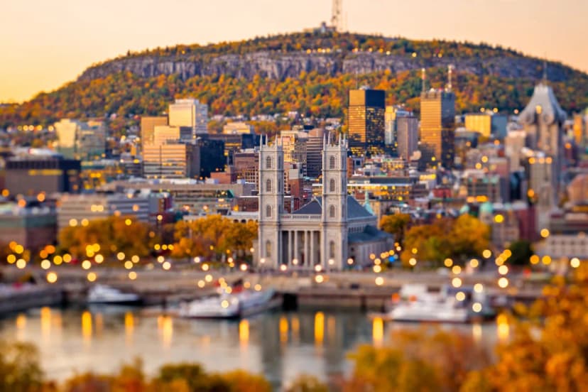 Montreal at autumn sunset with warm bokeh lights