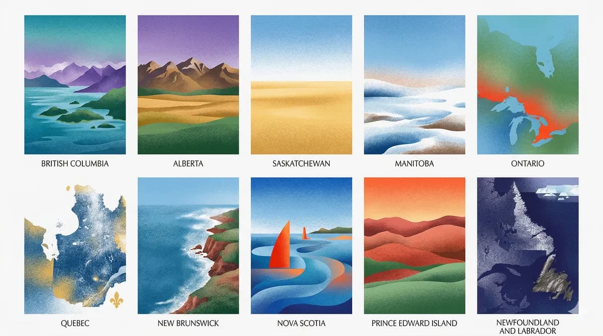 Grid of illustrated Canadian province landscape cards
