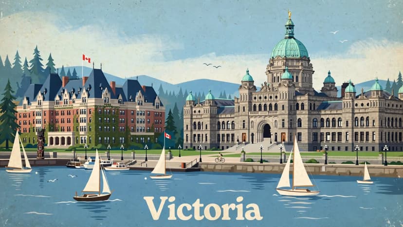 Vintage travel poster of Victoria's inner harbour with the BC Parliament Buildings