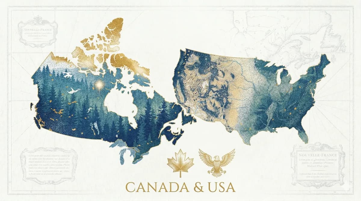 Antique-style map showing Canada and the United States with national emblems