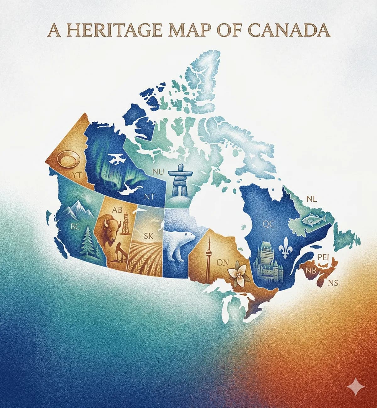 Heritage map of Canada showing provinces with cultural icons
