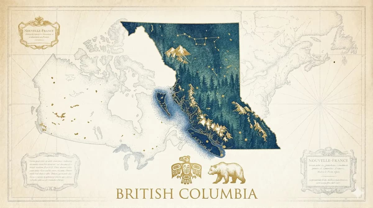 Antique-style illustrated map of British Columbia with bear and First Nations art