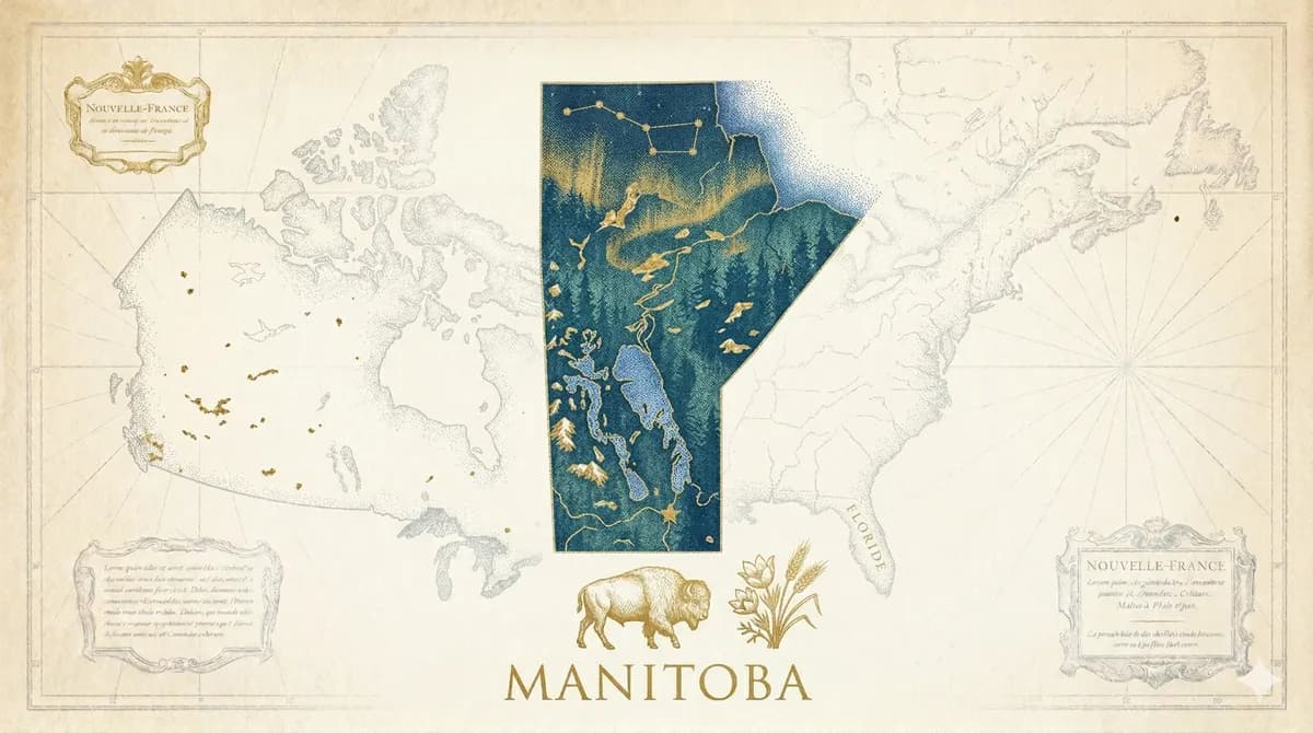 Antique-style illustrated map of Manitoba with bison and aurora borealis