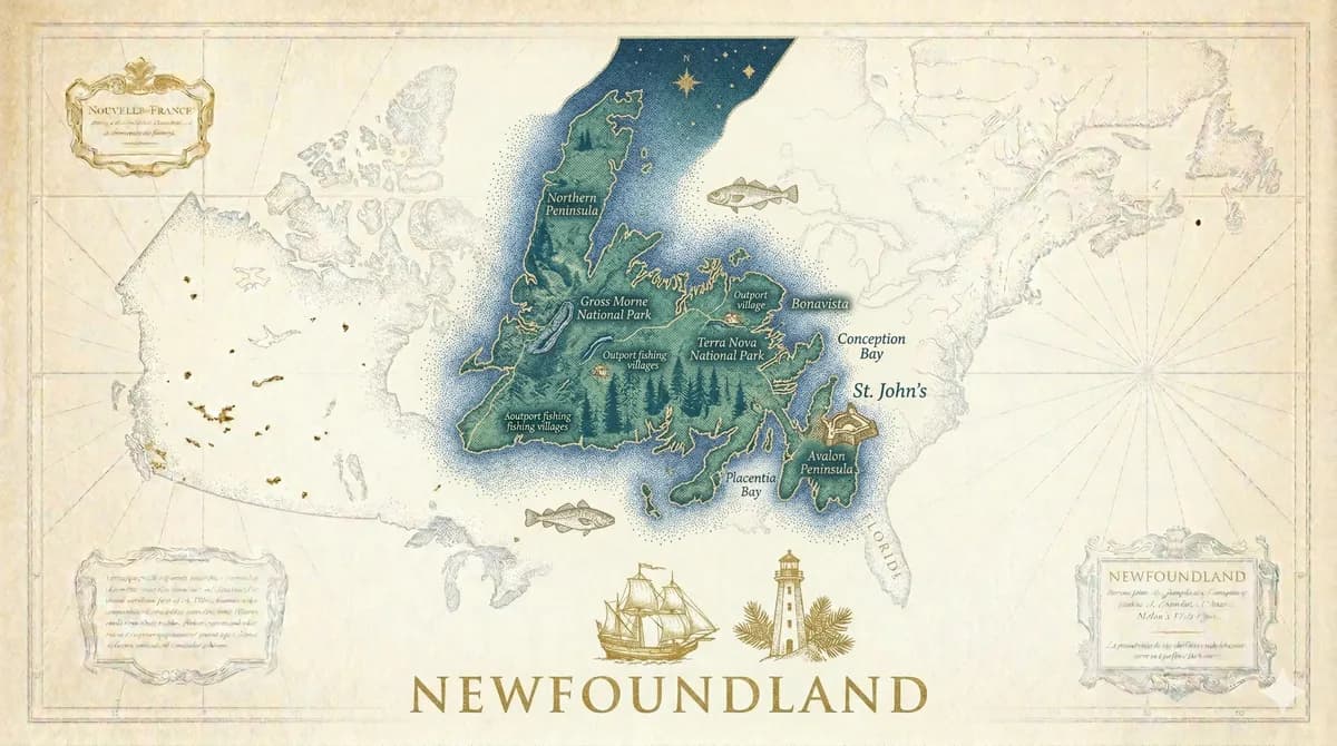 Antique-style illustrated map of Newfoundland with fishing boats and Gros Morne