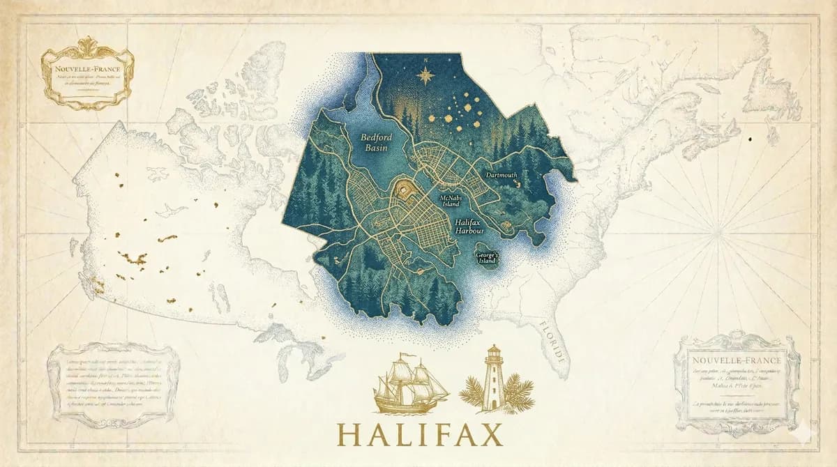 Antique-style illustrated map of Nova Scotia with lighthouse and Halifax harbour