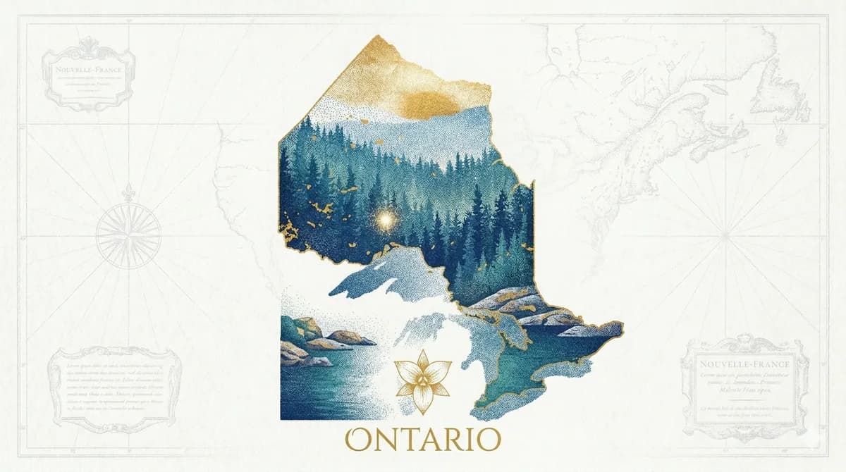 Antique-style illustrated map of Ontario with trillium emblem and Great Lakes