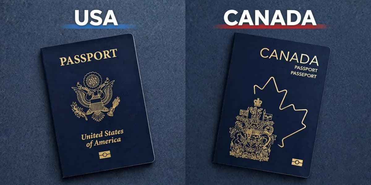 Canadian and US passports overlapping on a split screen