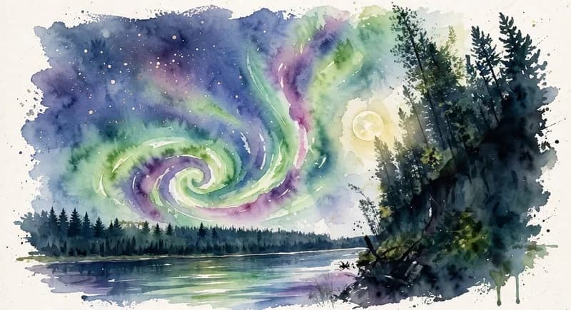 Watercolor aurora over a northern landscape