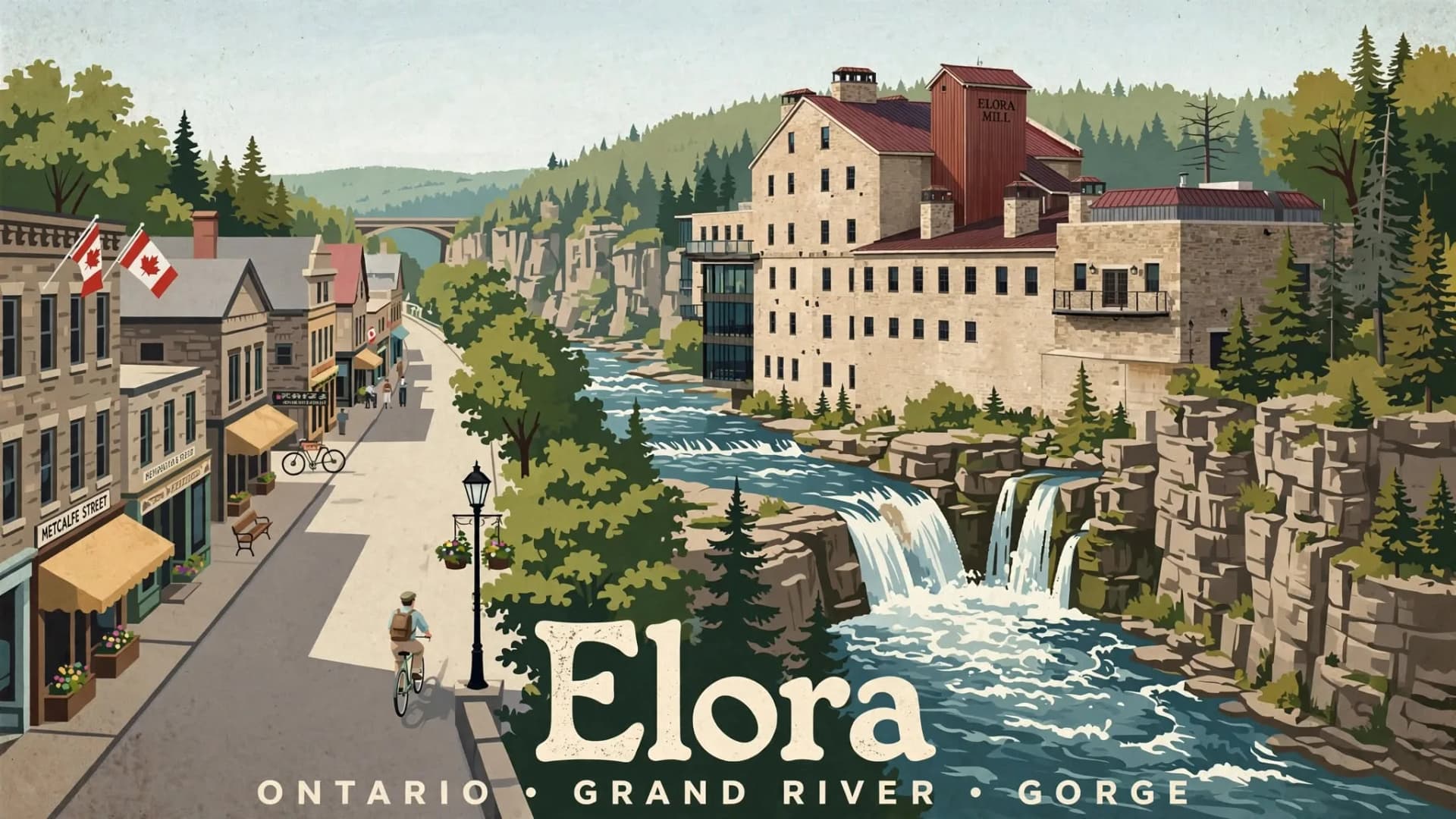 Vintage travel poster of Elora, Ontario with limestone gorge and river