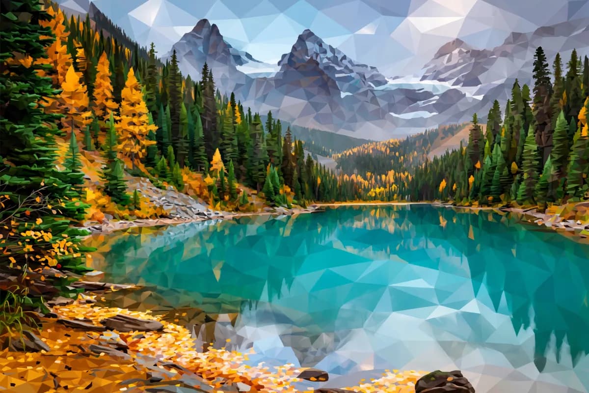 Low-poly illustration of a Canadian lake landscape