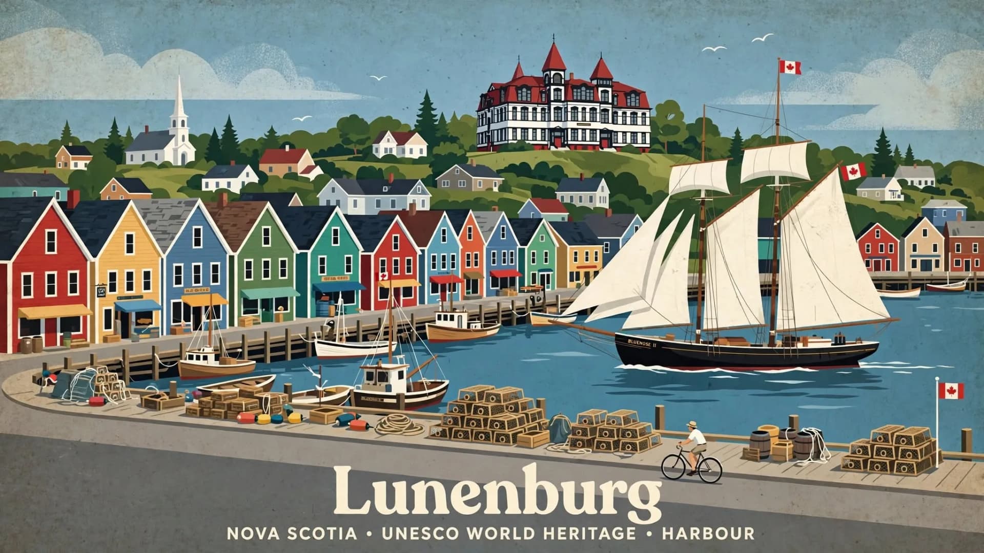 Vintage travel poster of Lunenburg harbour, Nova Scotia with colourful wooden buildings