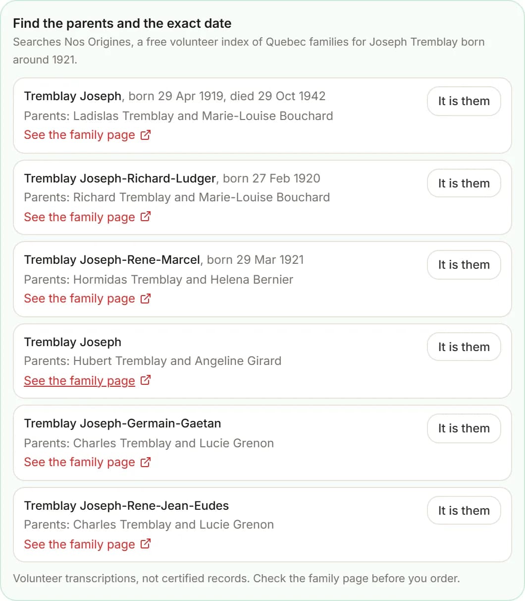 Lookup results: several Joseph Tremblays born around 1921, each with parents and a link to the family page