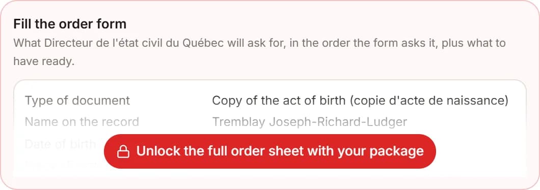 The order assistant: values in the order the Directeur de l'état civil form asks for them, what to have ready, and the fee
