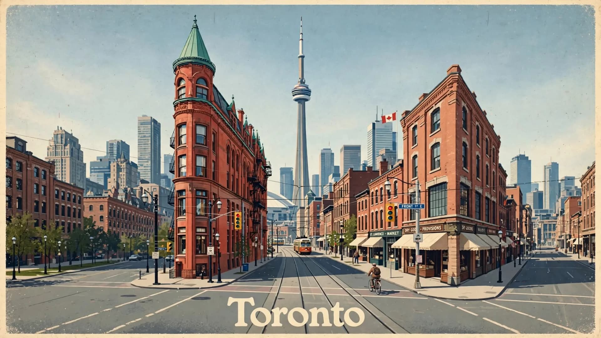 Vintage travel poster of a Toronto streetcar on a busy downtown street