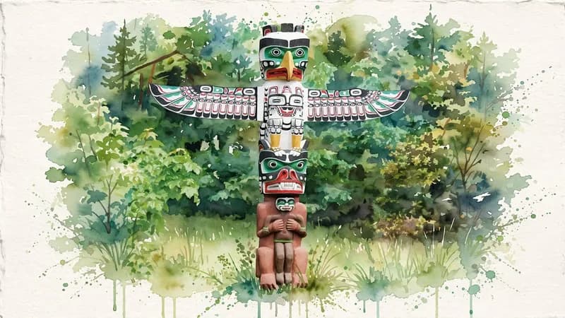 Watercolor of a West Coast totem pole
