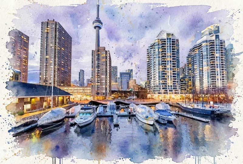 Watercolor painting of a marina at twilight with reflections on still water