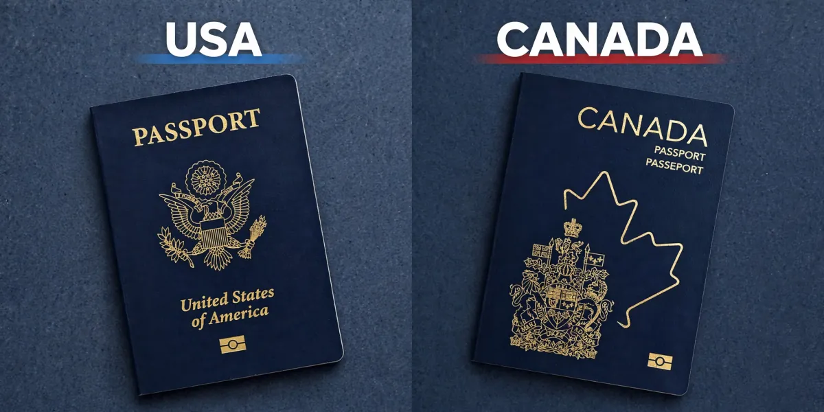 Canadian and US passports overlapping on a split screen