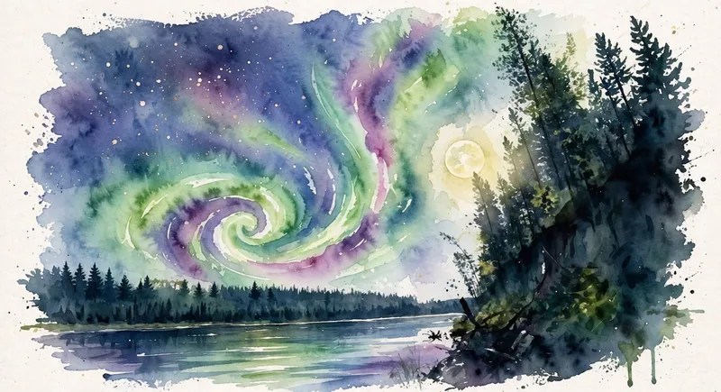 Watercolor aurora over a northern landscape