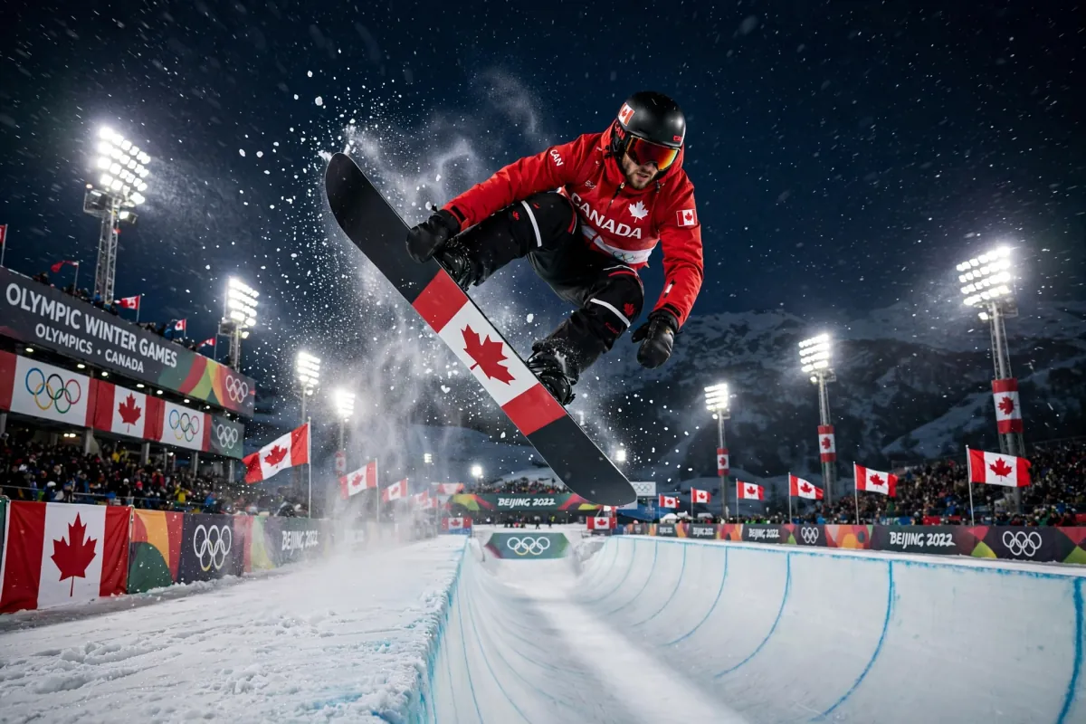Snowboarder in a halfpipe under a Canadian winter sky