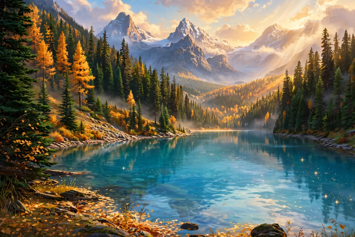 Mountain lake landscape with evergreen shoreline