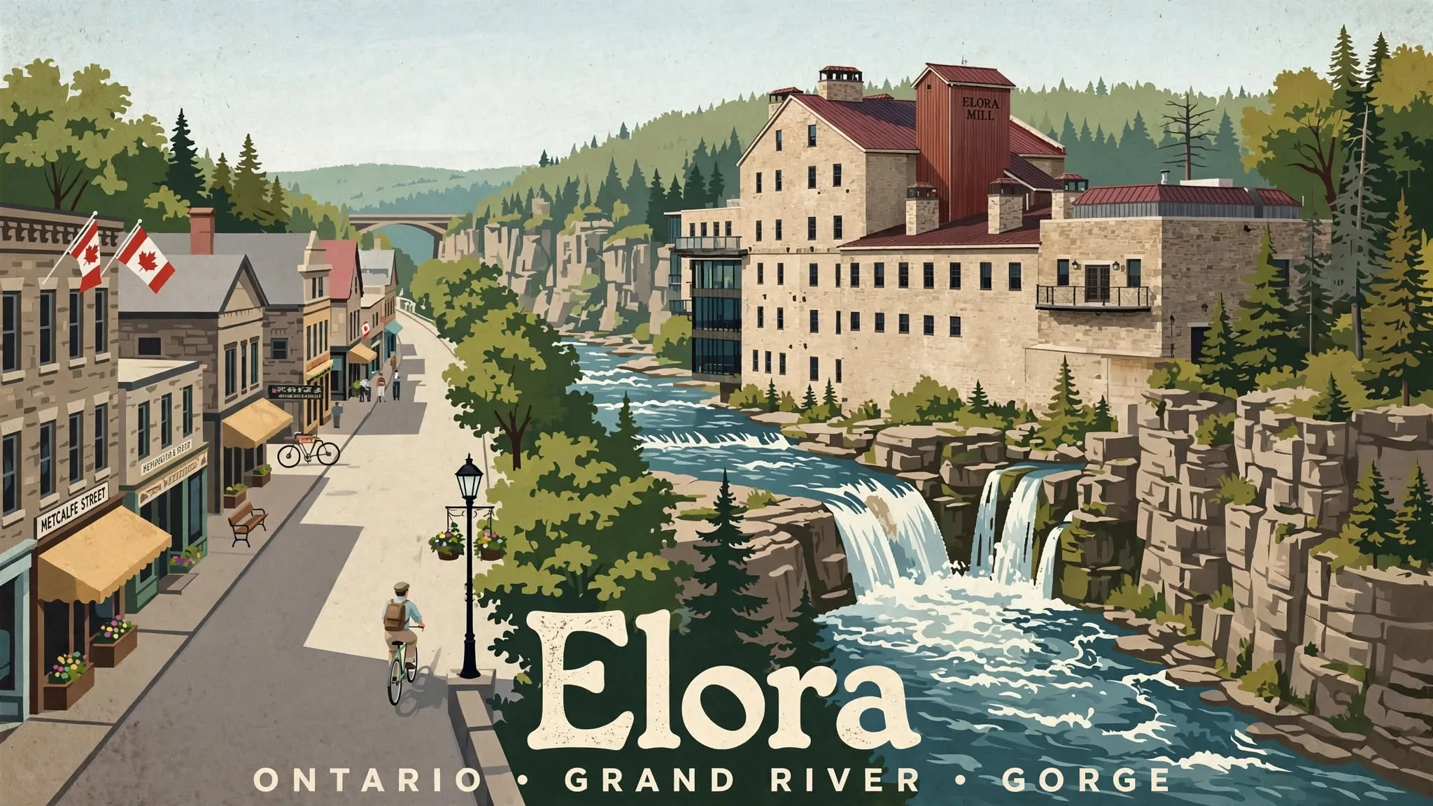 Vintage travel poster of Elora, Ontario with limestone gorge and river