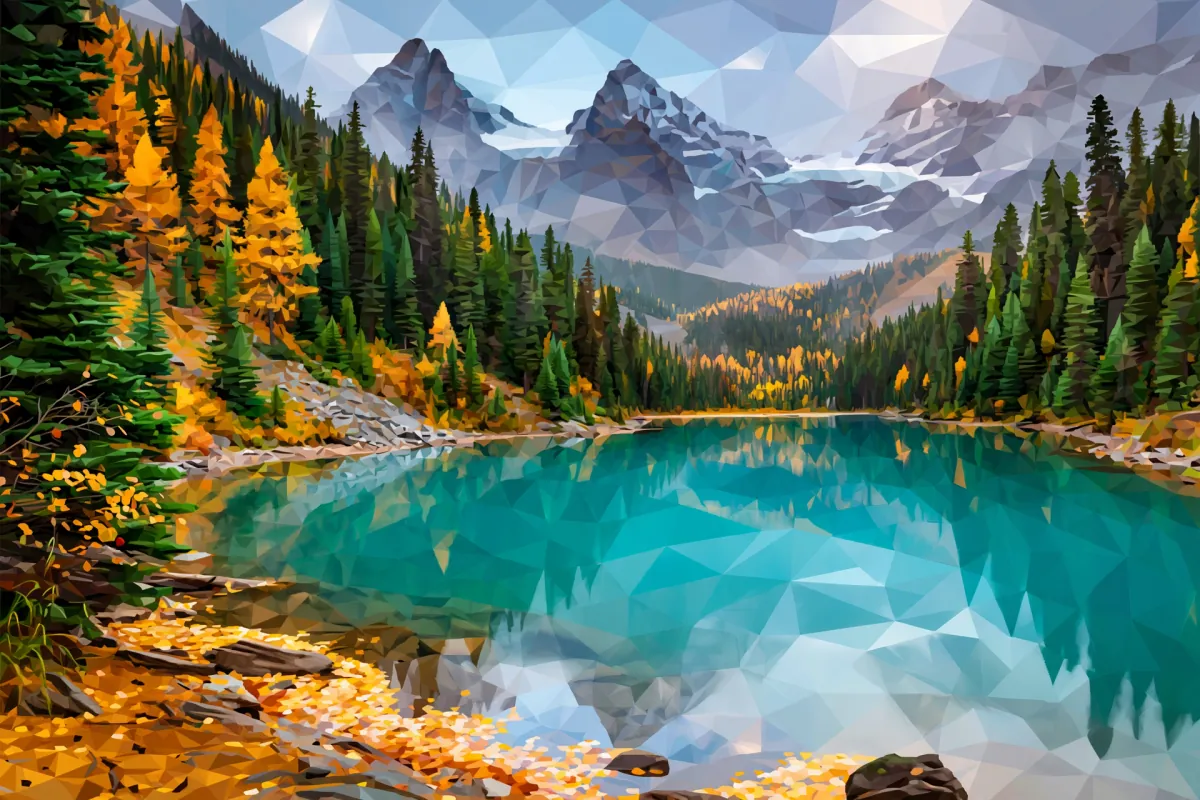 Low-poly illustration of a Canadian lake landscape