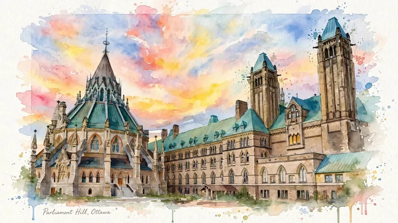 Watercolor painting of Parliament Hill at sunset