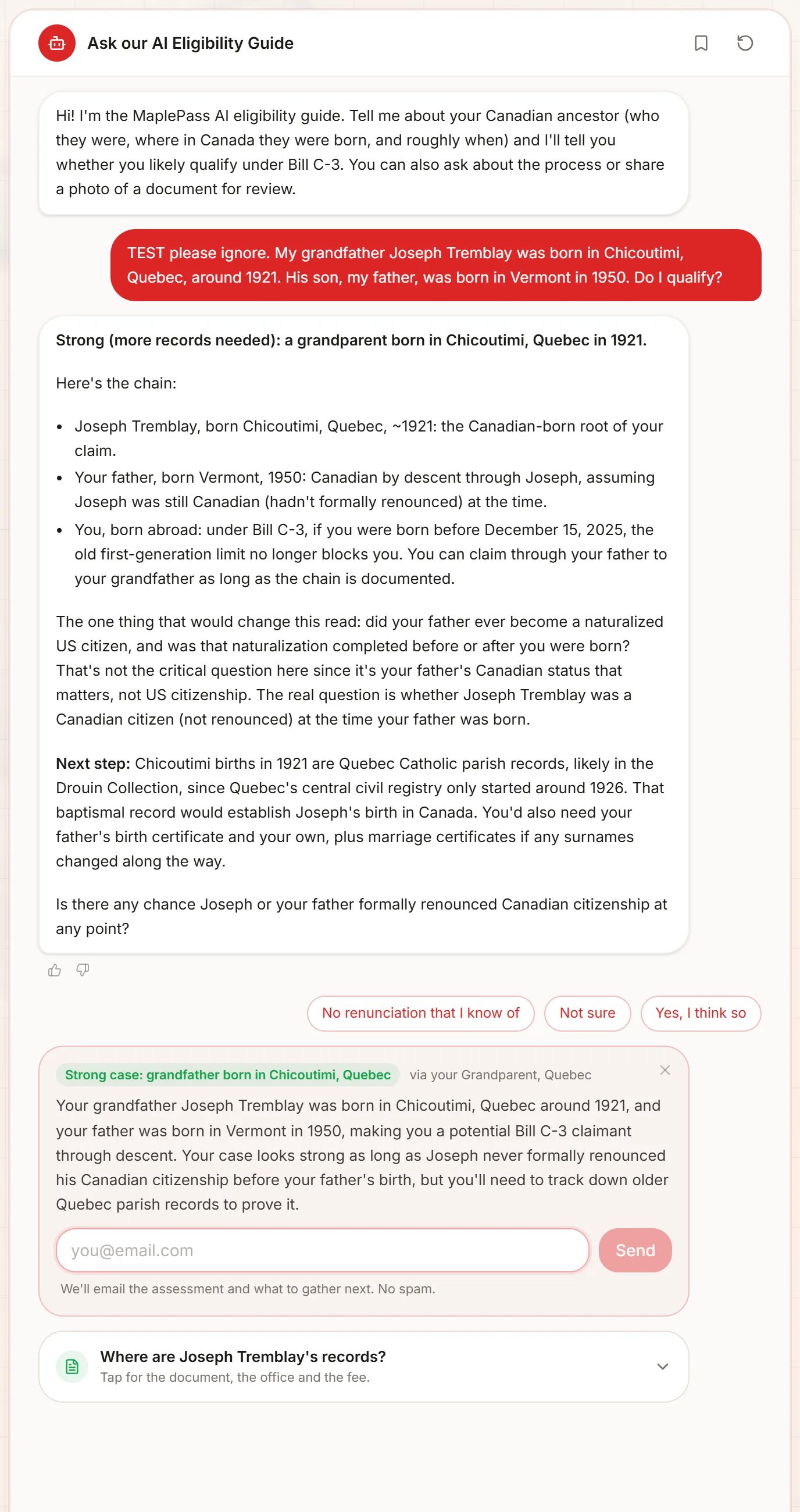 The MaplePass chat with the records plan card opened under an eligibility assessment