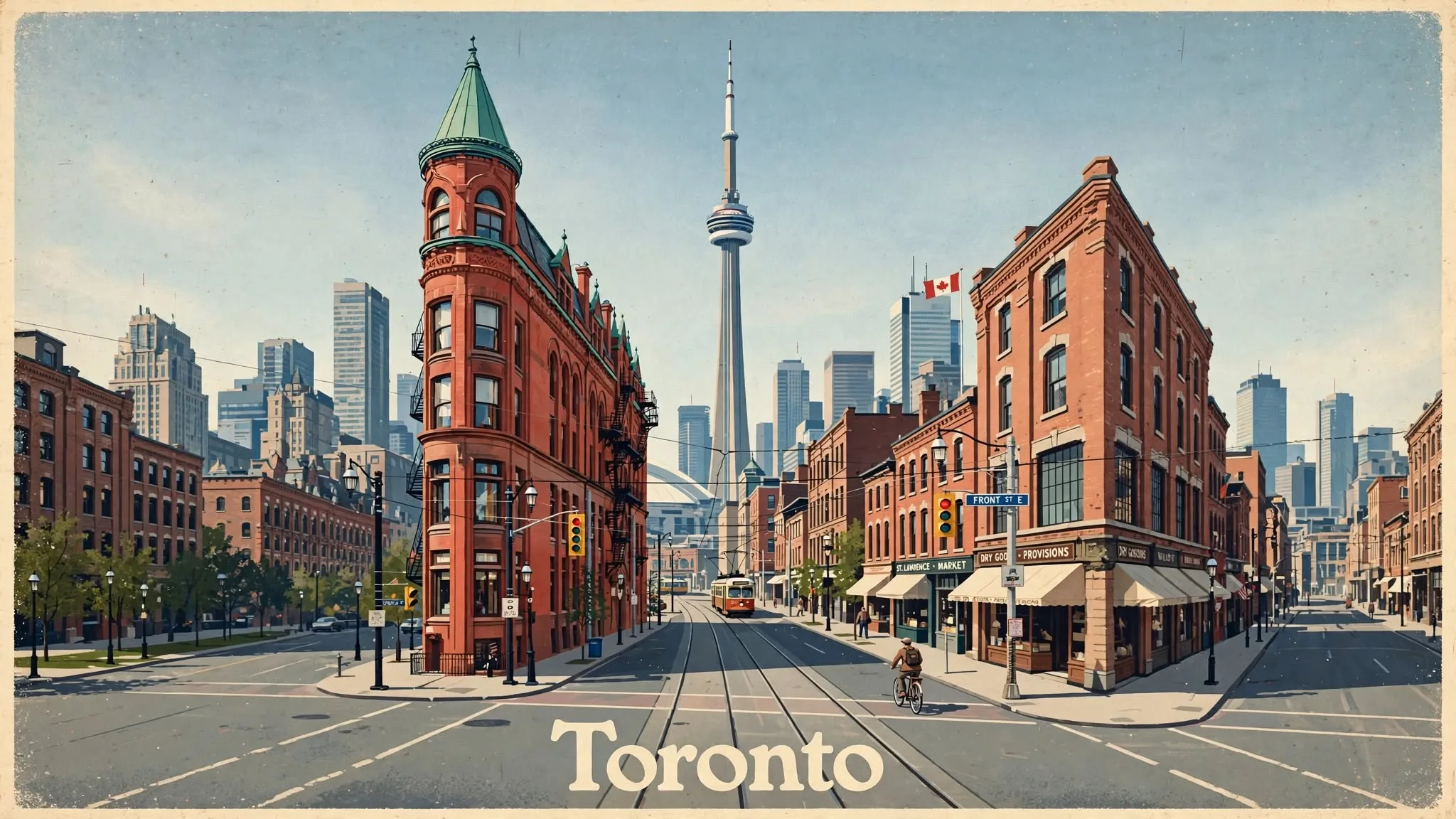 Vintage travel poster of a Toronto streetcar on a busy downtown street