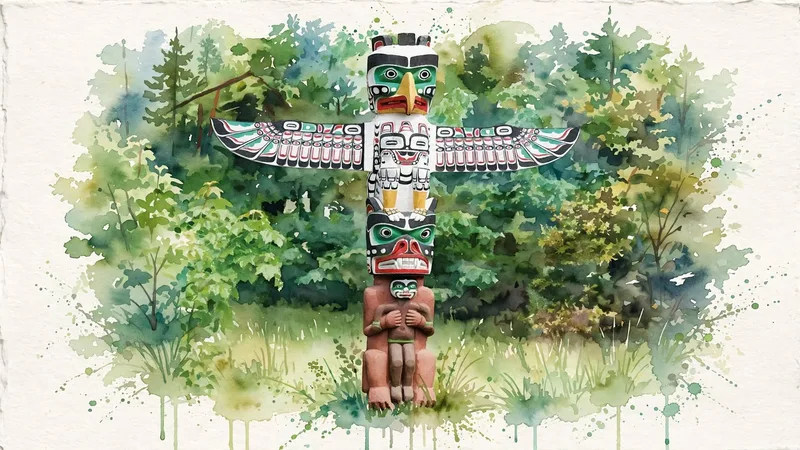 Watercolor of a West Coast totem pole