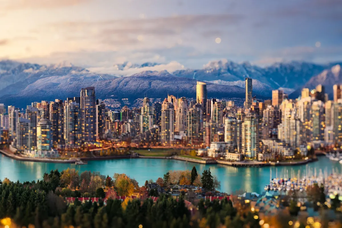 Vancouver skyline at sunset with soft bokeh lights