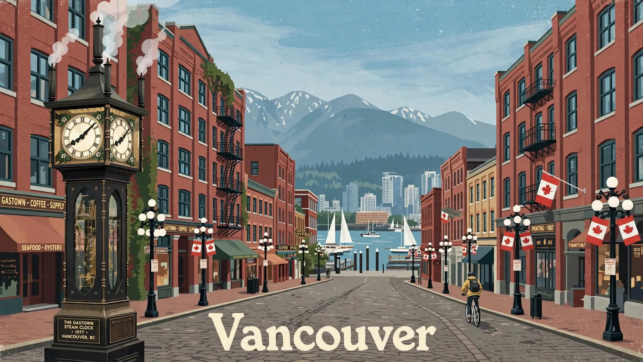 Vintage travel poster of Gastown, Vancouver with historic cobblestone street and clock tower