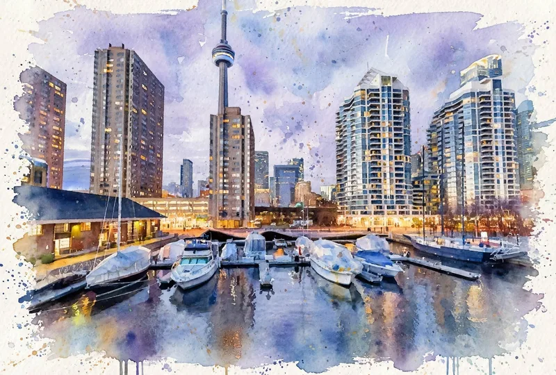 Watercolor painting of a marina at twilight with reflections on still water