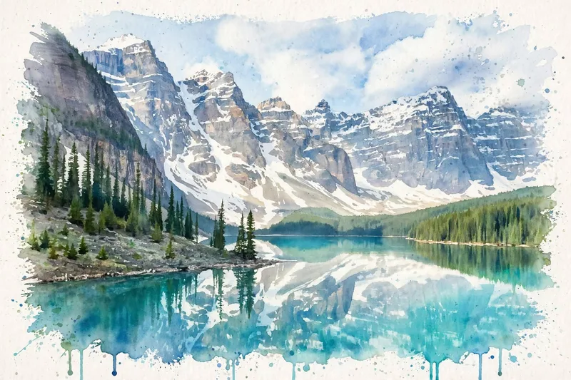 Watercolor painting of a mountain reflected in a calm alpine lake
