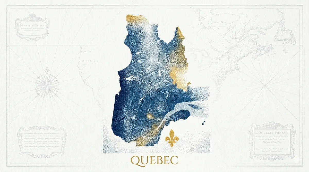 Antique-style illustrated map of Quebec with fleur-de-lis emblem